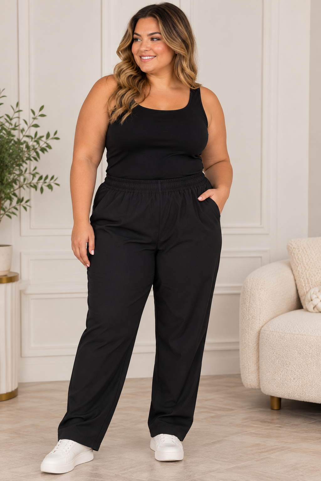 Ora Black Elastic-Waist Trousers with Pockets