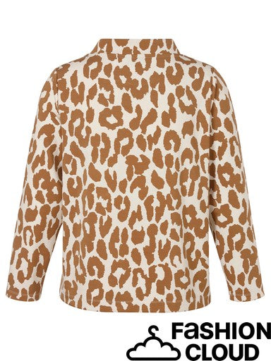 A long-sleeve button-up shirt with a brown and beige leopard print pattern, shown from the back against a white background.