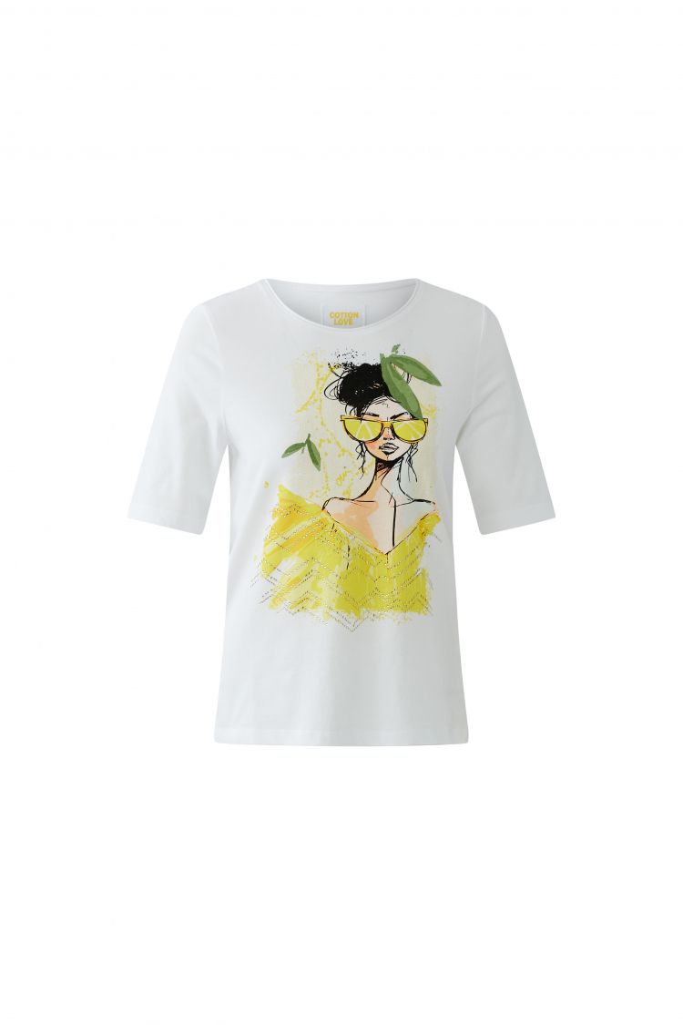 White tshirt with woman and lemons