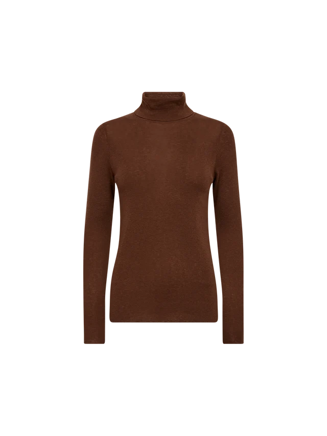A brown long-sleeve turtleneck sweater displayed on a clean white background.