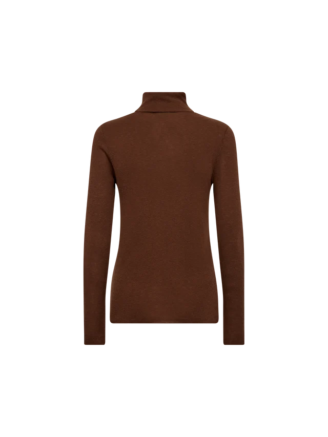 A brown long-sleeve turtleneck sweater displayed on a ghost mannequin against a plain white background.