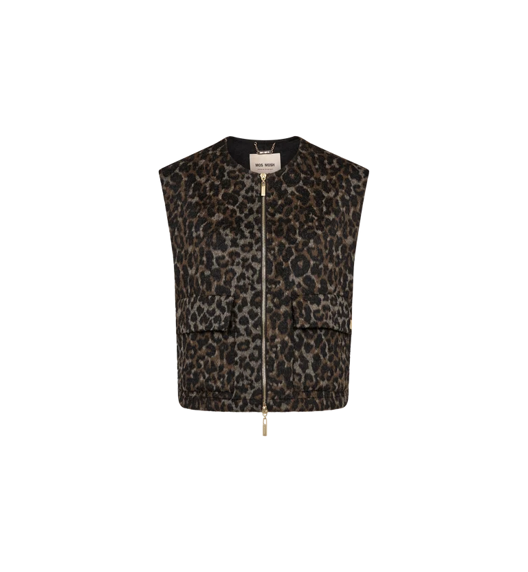 A sleeveless cropped vest with a brown and black leopard print pattern, featuring a front zipper, two front flap pockets, and a visible 'The Mark' brand label at the collar.