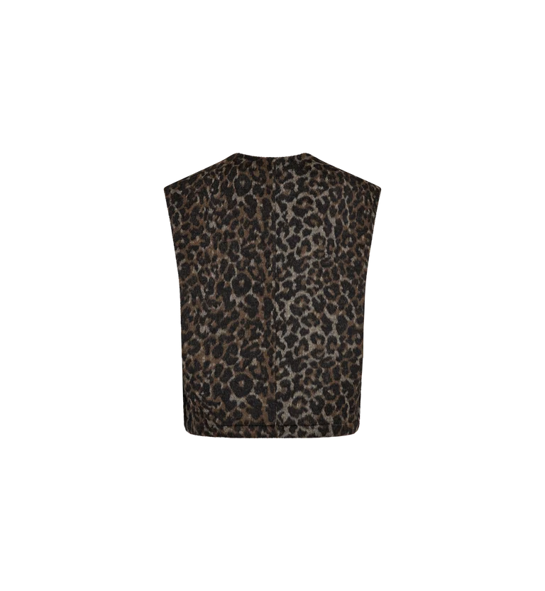 A sleeveless leopard print vest in brown, black, and beige tones, shown flat against a solid white background.