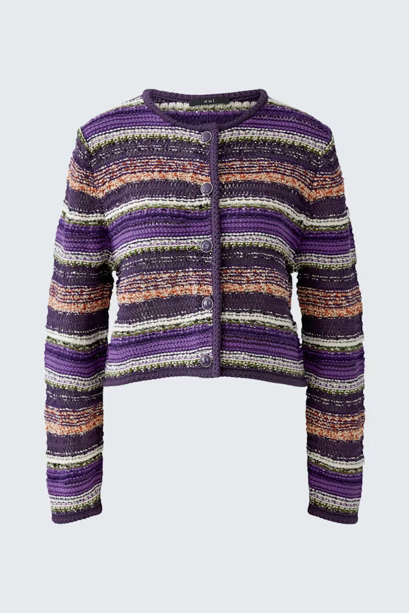 Cardigan made from 4 different yarns in inside out stripe pattern