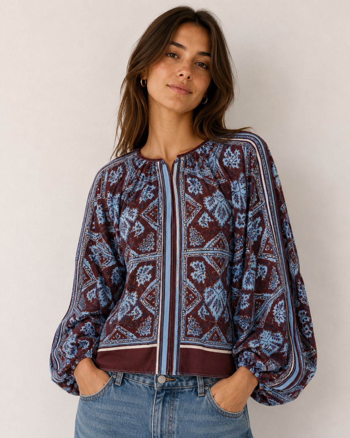 Boho Print Balloon Sleeve Blouse – Burgundy & Blue