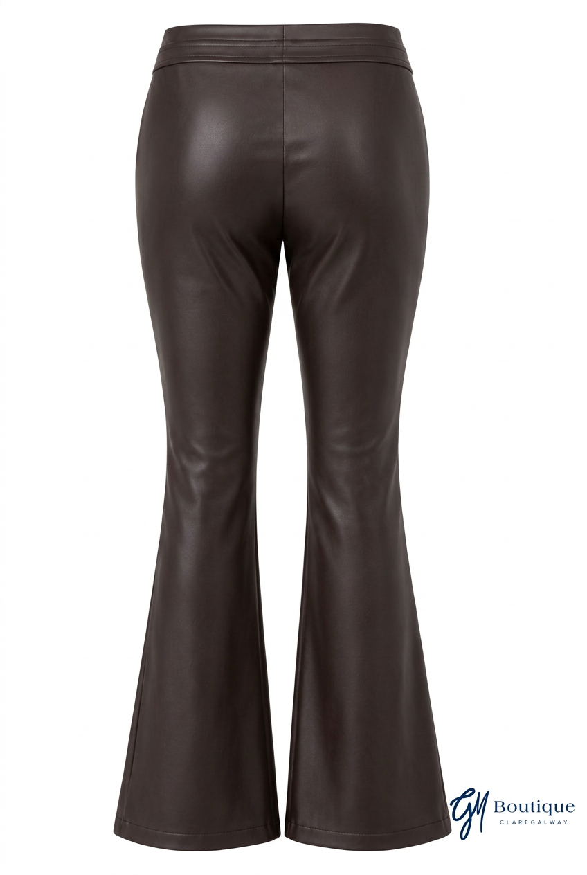 Back view of chocolate flared trousers with GM Boutique Claregalway logo.