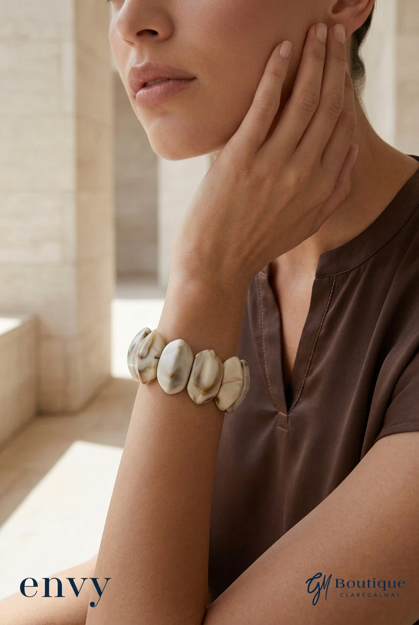  cream marbled bead bracelet worn with brown Via Appia Satin Look Bubble Hem Top