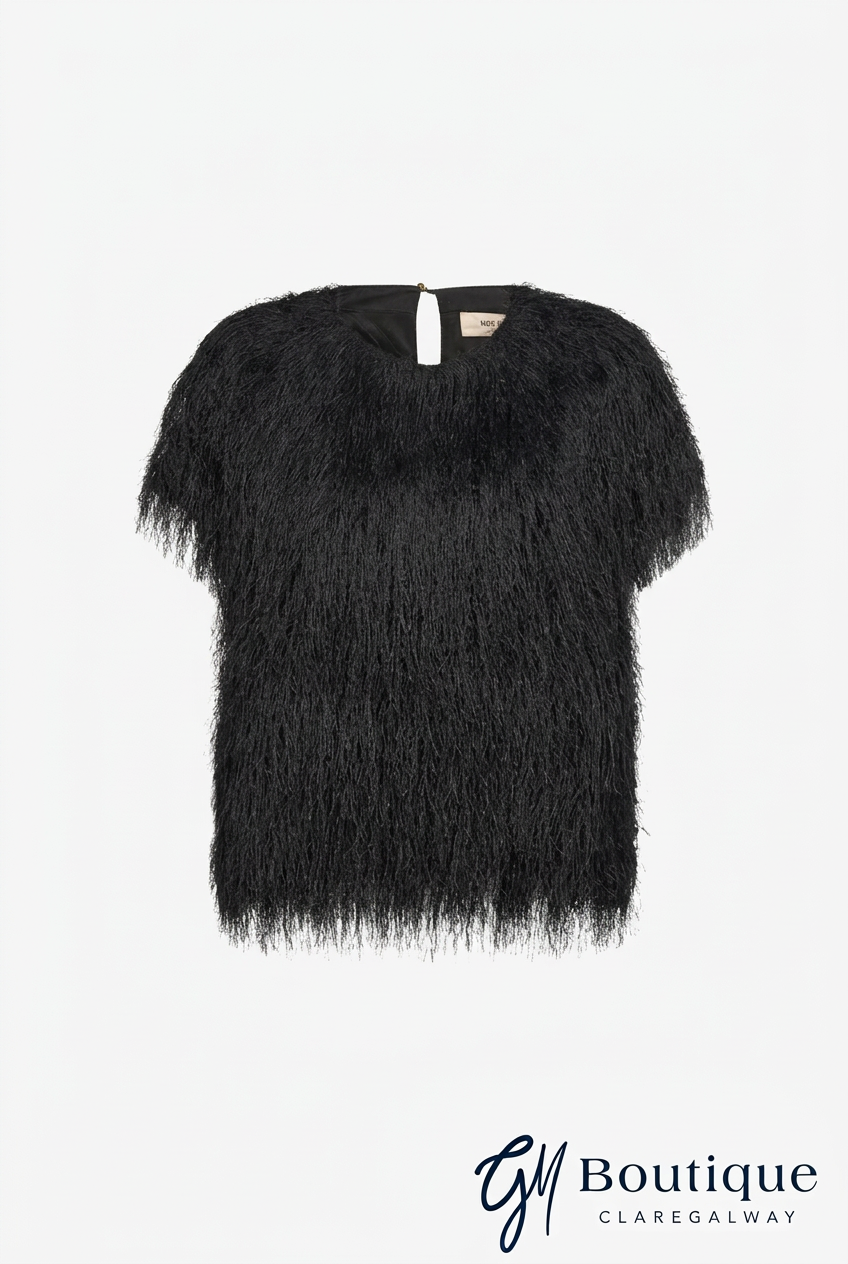 A black short-sleeve top with a shaggy, feather-like texture, shown flat against a white background with a GM Boutique Claregalway watermark in the bottom right corner.