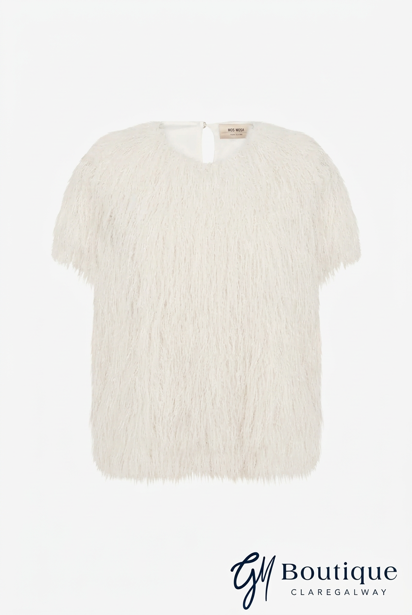 An off-white, short-sleeved fuzzy faux-fur top with a split V-neckline, displayed against a plain white background with a GM Boutique Claregalway watermark at the bottom.