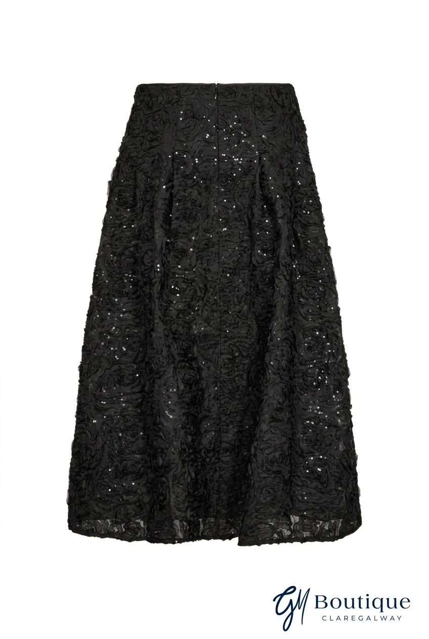 A black lace midi skirt with sequined details, shown against a plain white background with a Boutique Clarendelle watermark in the bottom right corner.