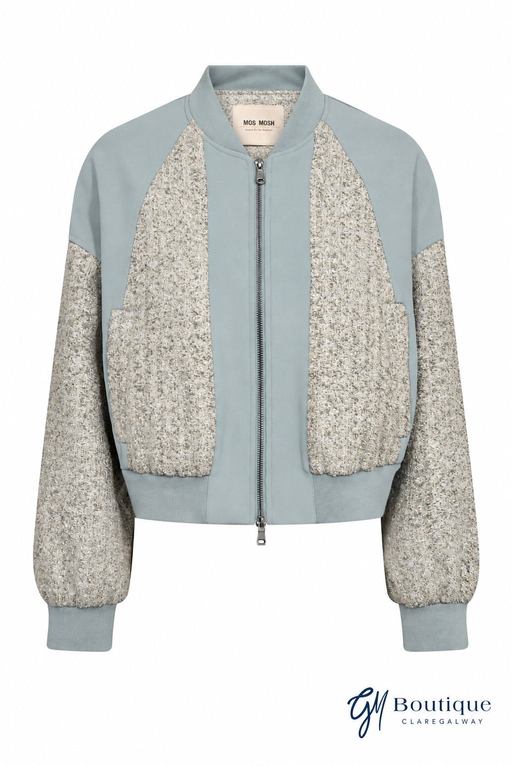 Mos Mosh Blue / Silver / Gold Bomber Jacket  Front view with GM Boutique Claregalway logo at bottom right hand corner