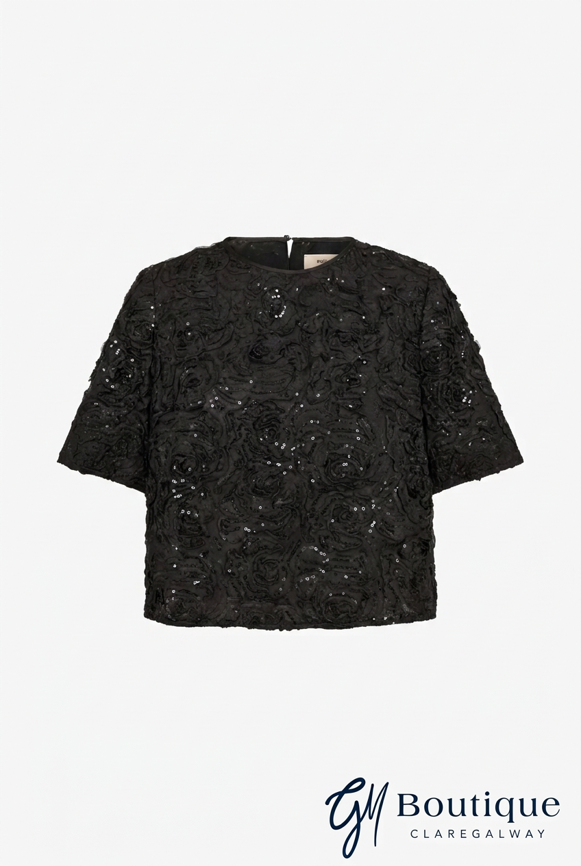 Front view of Mos Mosh MMReya black sequin top with round neckline and wide short sleeves.