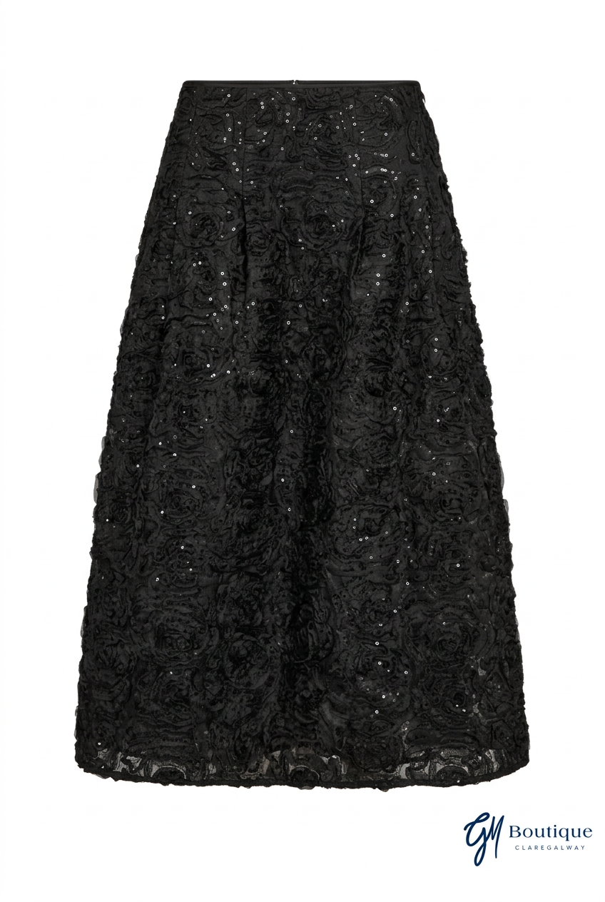 A black midi skirt featuring a textured, rose-like floral lace pattern with scattered sequins, shown against a plain white background.