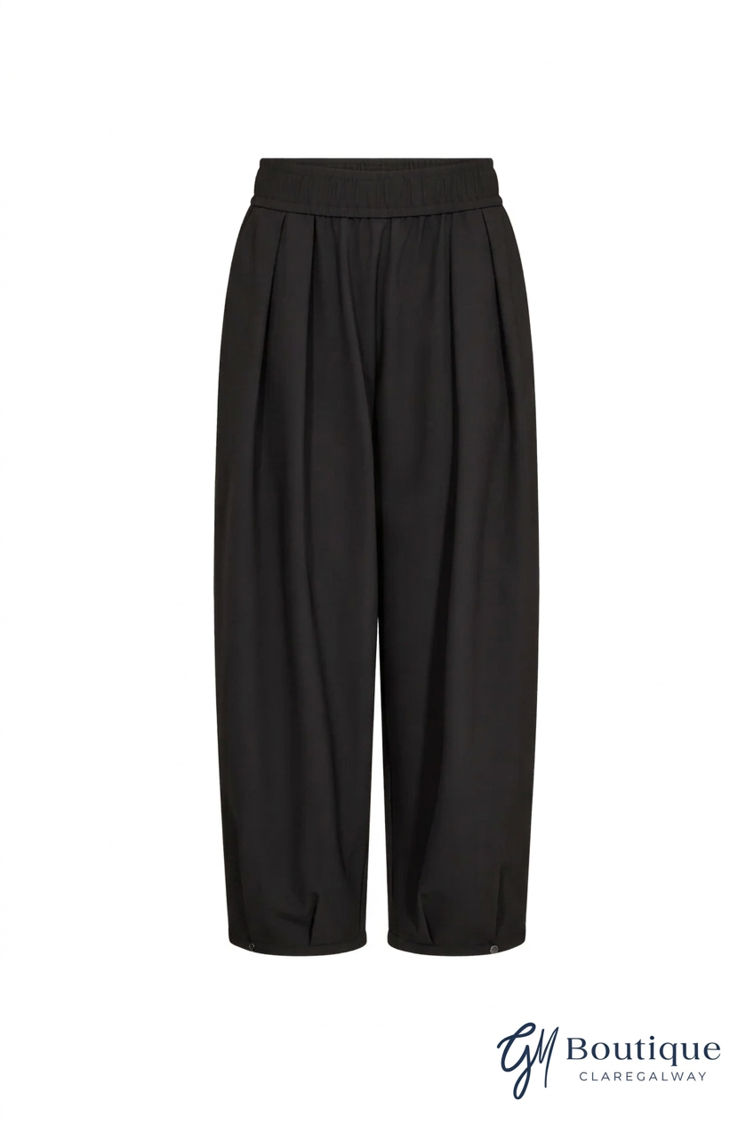 Black wide-leg cropped trousers with a pleated front and elastic waistband, shown flat against a white background with a 'GM Boutique Claregalway' watermark in the bottom right corner.