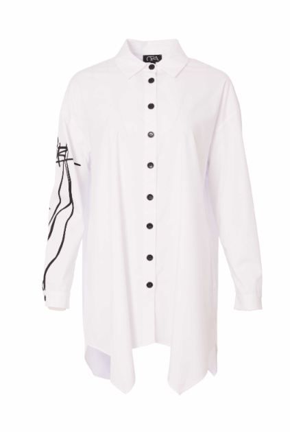 ORA 135 cotton shirt with placement print on sleeve white black ss25