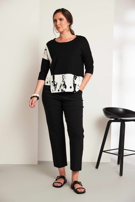 Ora Round Neck Top With Print Hem And Side Panel