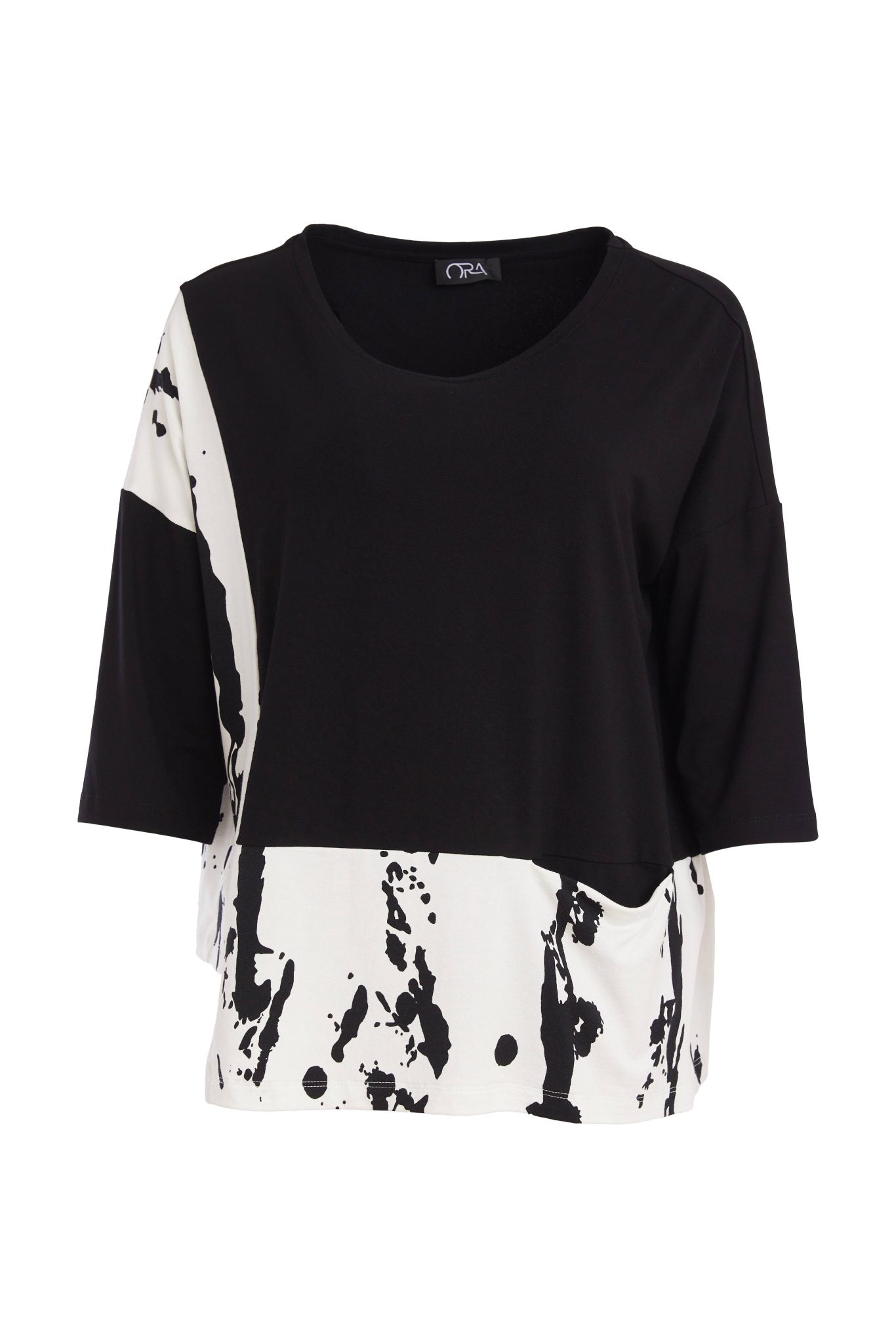Ora Round Neck Top With Print Hem And Side Panel