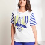 Ora Placement Print Top With Stripe Sleeve And Drawstring Neckline