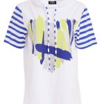 Ora Placement Print Top With Stripe Sleeve And Drawstring Neckline