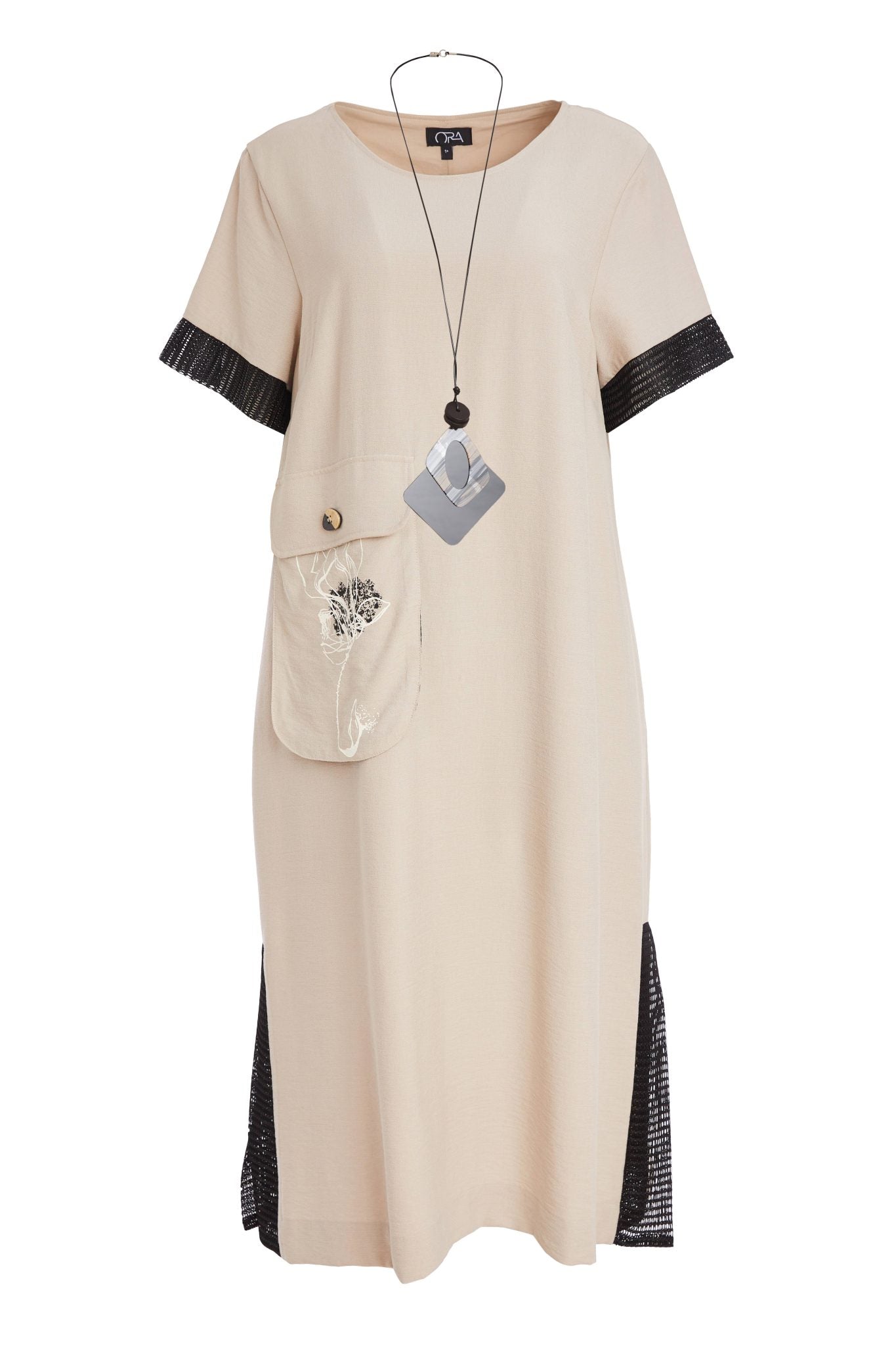 Ora Round Neck Dress With Print Pocket And Mesh Cuff