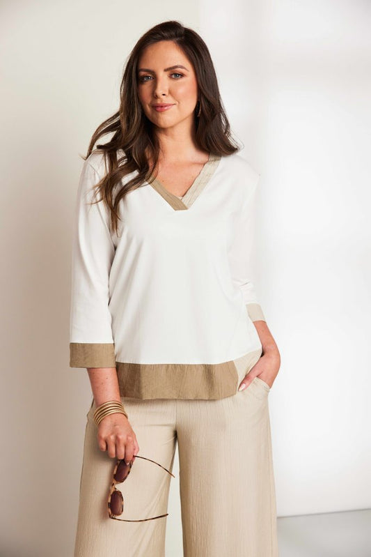Ora Vee Neck Top With Cut Away Hem And Contrast Panels
