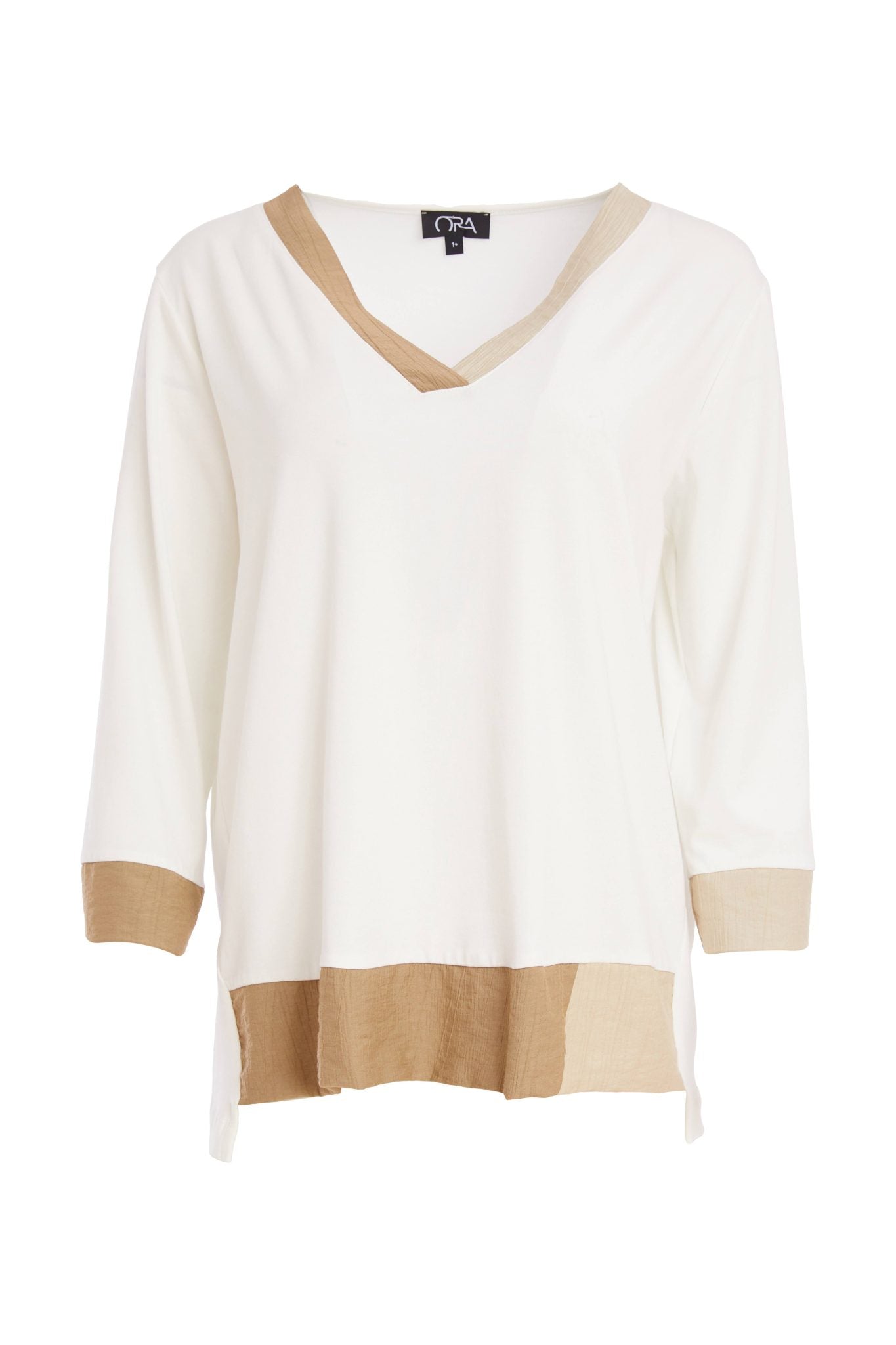Ora Vee Neck Top With Cut Away Hem And Contrast Panels