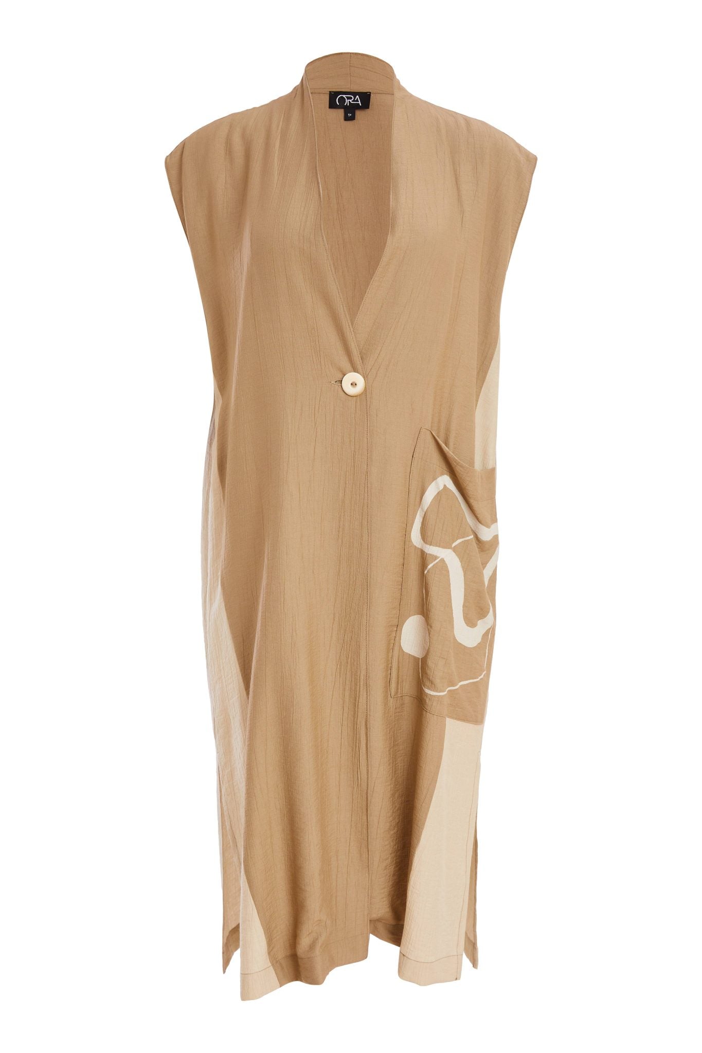 Ora Long Line Crinkle Waistcoat With Contrast Side And Print Pocket