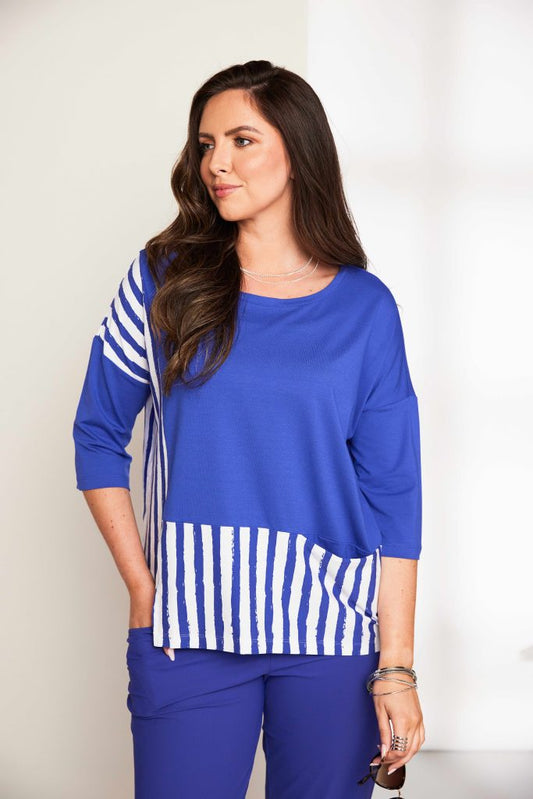 Ora Round Neck Top With Stripe Hem And Side Panel