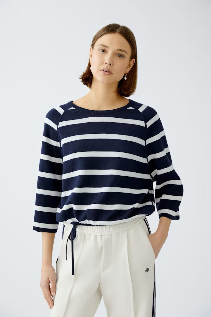 Oui Reversible Jumper Dark Blue stripe 3/4 length sleeve front