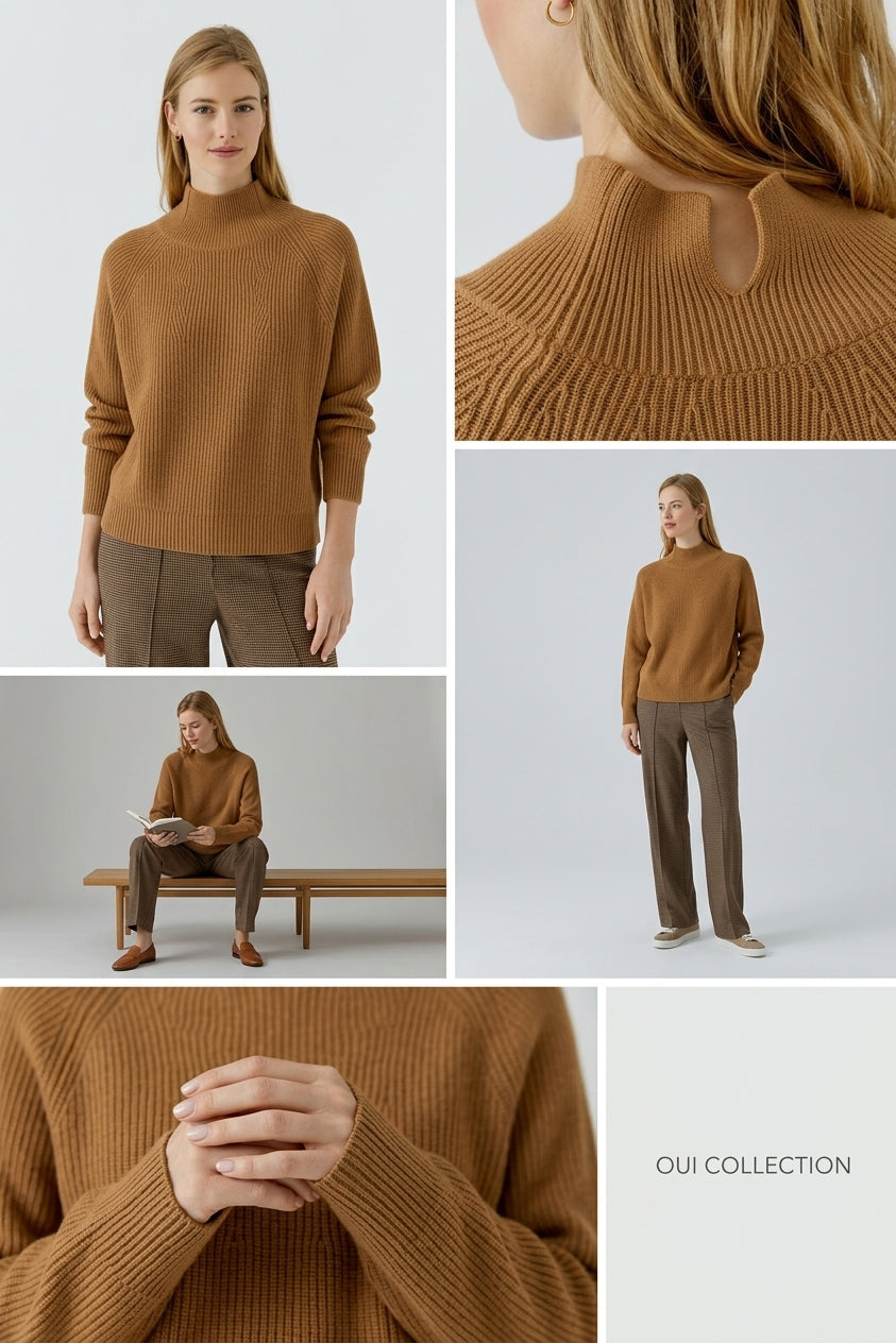 A multi-panel collage showing a woman wearing a ribbed knit mock-neck sweater in camel brown, with close-up views of the neck and hands, paired with brown trousers against a light gray studio background. The text 'OUI COLLECTION' appears in the bottom right panel. GM Boutique, Galway