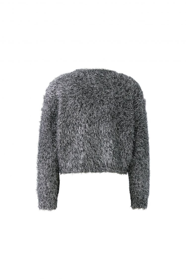 A dark gray shaggy long-sleeve cropped Oui sweater shown from the back on a plain white background. GM Boutique | Galway