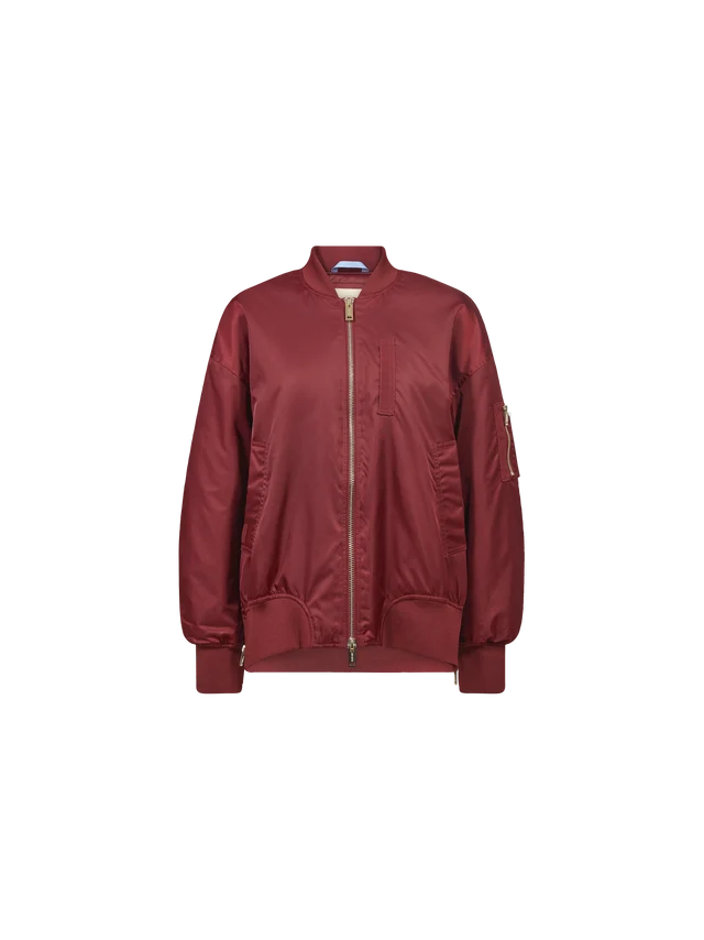 A classic bomber jacket in a deep burgundy red satin-like fabric, featuring a gold-tone front zipper, ribbed cuffs, and ribbed hem, shown against a plain white background.