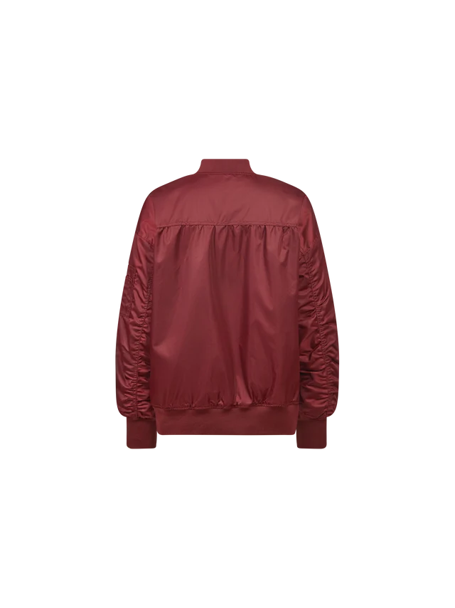 A dark red bomber jacket shown from the back, featuring a satin-like finish, gathered sleeves, and a ribbed collar, cuffs, and hem, set against a plain white background.