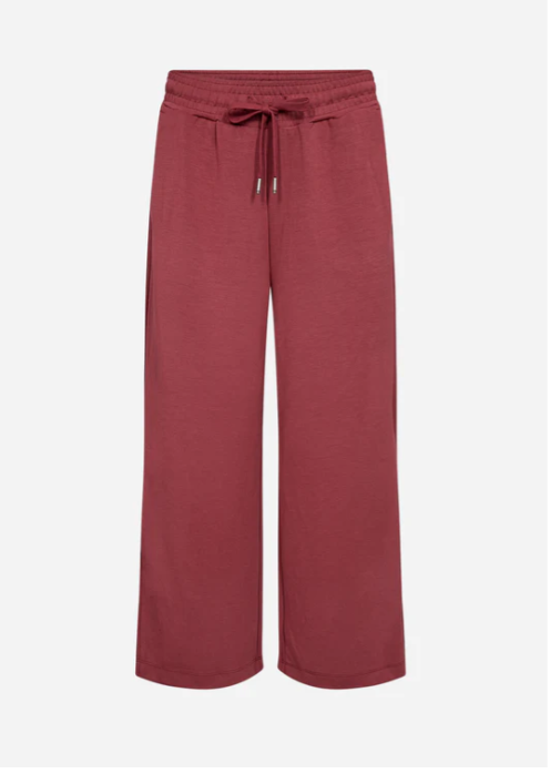 Maroon wide-leg pants with a drawstring waist on a white background