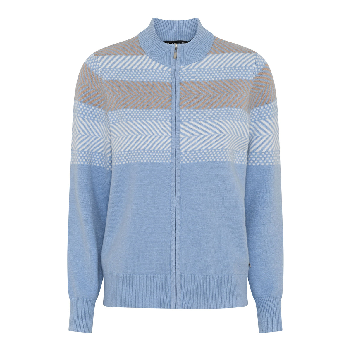 Zip-up funnel neck sweater in rich blue, accented with cream and beige stripes