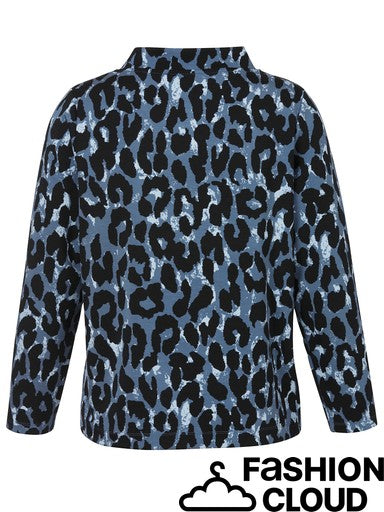 A long-sleeve collared shirt jacket featuring a blue, black, and white leopard print pattern, shown against a plain white background with a 'FASHION CLOUD' watermark at the bottom right.