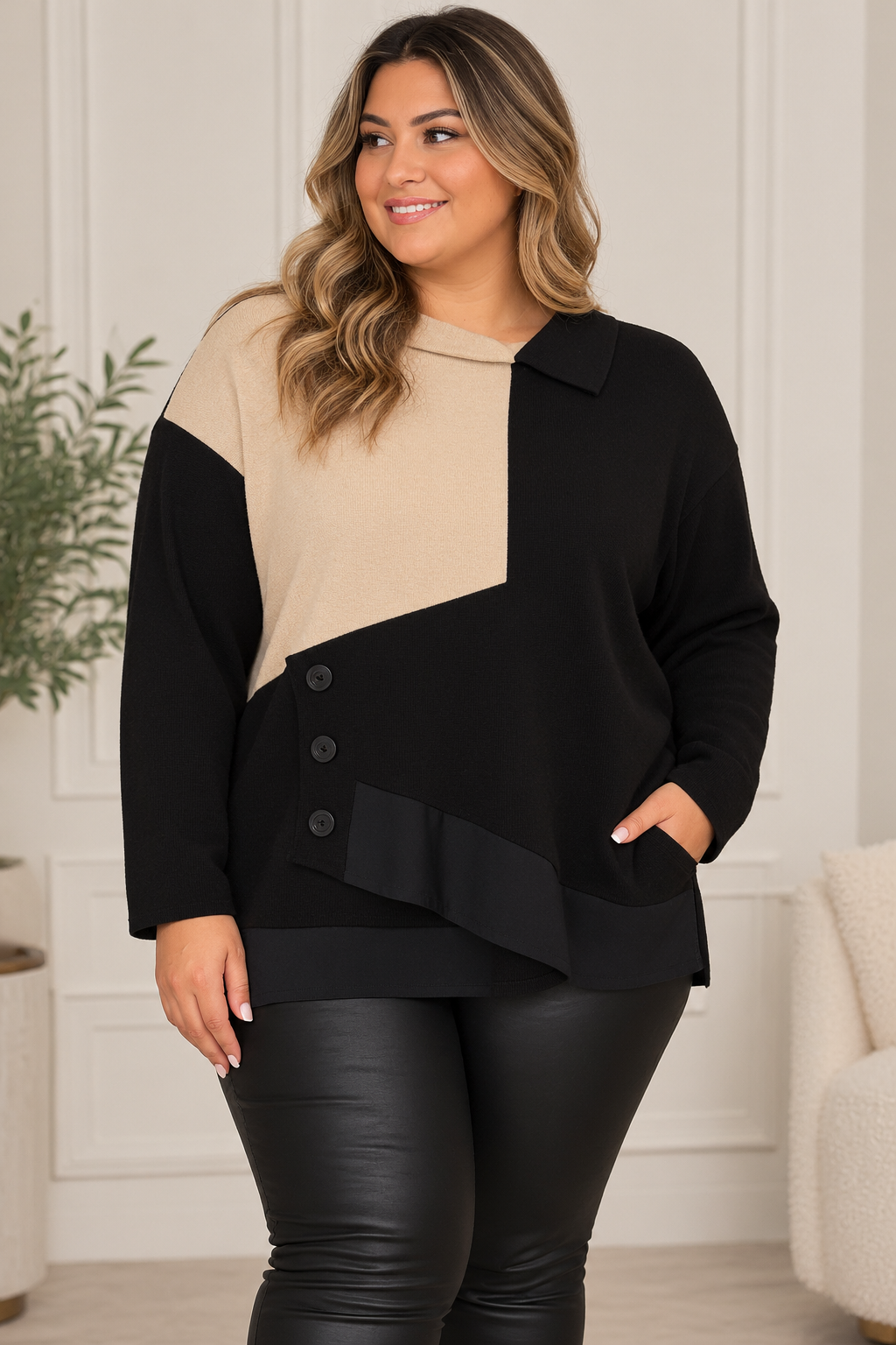 High-Neck Long-Sleeve Top in Black/Plum or Black/Beige