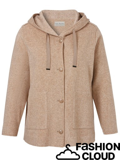 A beige hooded cardigan sweater with drawstrings and button closures, shown against a plain white background. A 'FASHION CLOUD' watermark is visible in the bottom right corner.