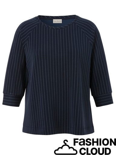 A navy blue long-sleeve top with thin white vertical pinstripes, featuring a crew neckline and 3/4 sleeves, shown against a plain white background with a 'FASHION CLOUD' watermark at the bottom right.