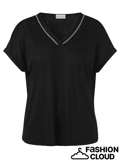 V neck tshirt with diamond embellishment around the neckline.