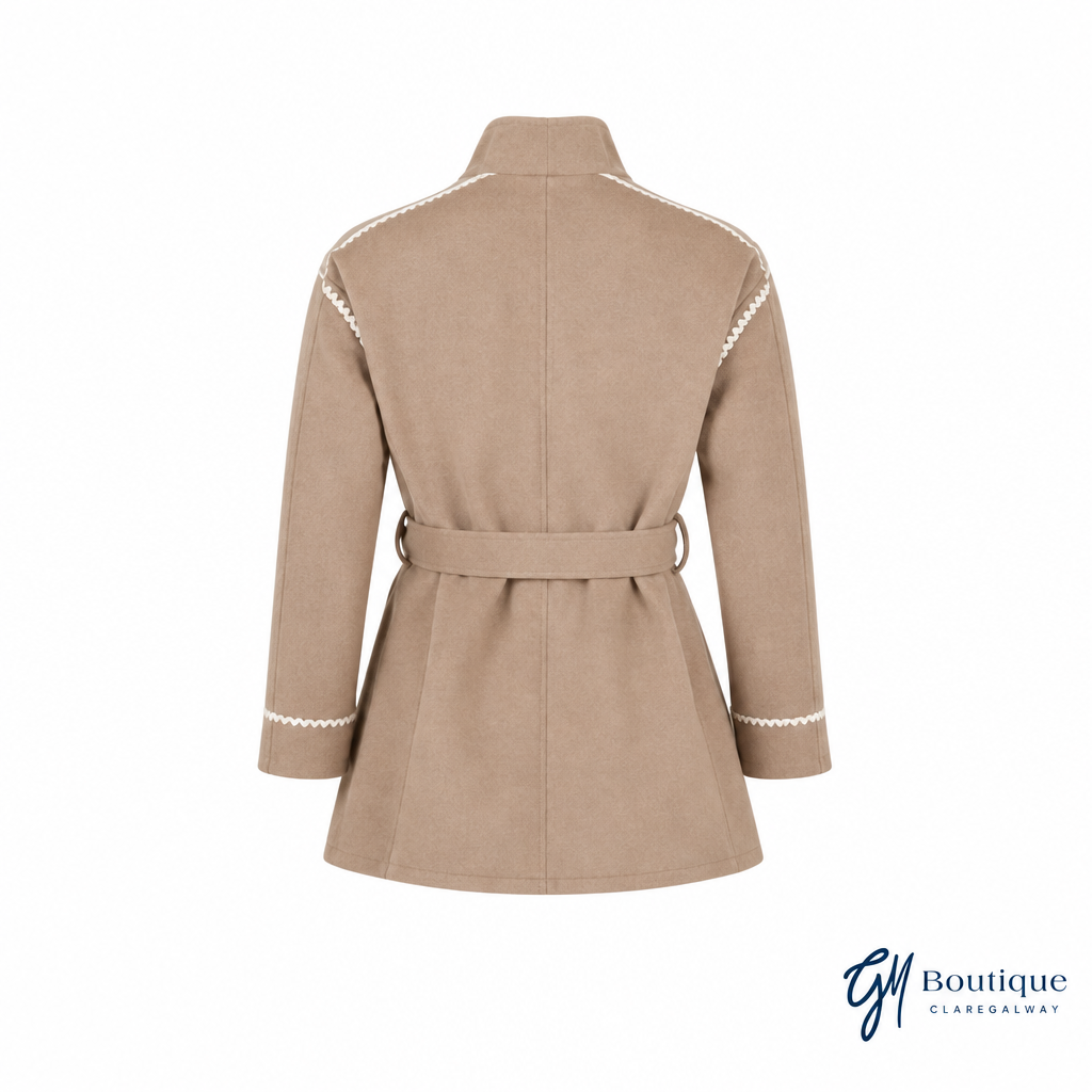 Camel coat back view with GM Boutique logo