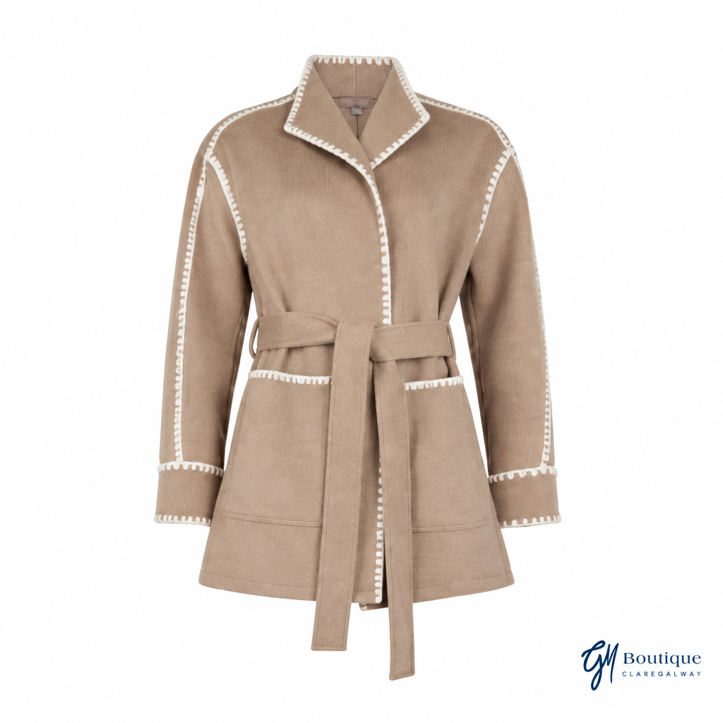 Camel coat front view with GM Boutique logo