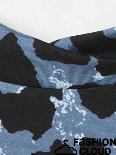 Close-up of a fabric garment with a blue, black, and white abstract camouflage pattern, featuring a visible 'FASHION CLOUD' watermark in the bottom right corner.