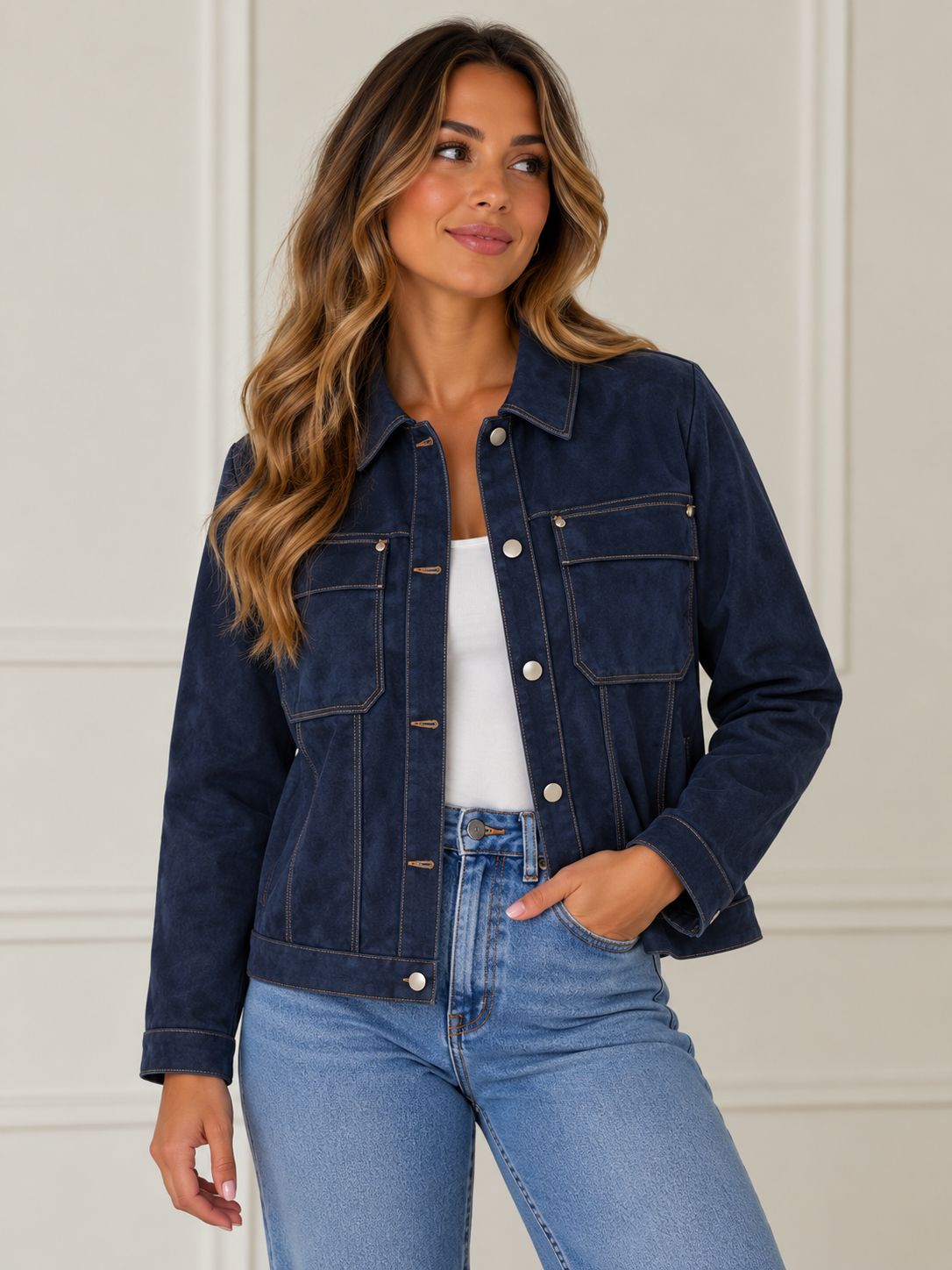 Navy Suede-Style Utility Jacket