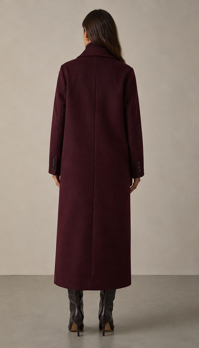 A woman viewed from the back wearing a long, dark burgundy wool coat with a high collar, paired with dark brown leather boots, set against a neutral studio backdrop.