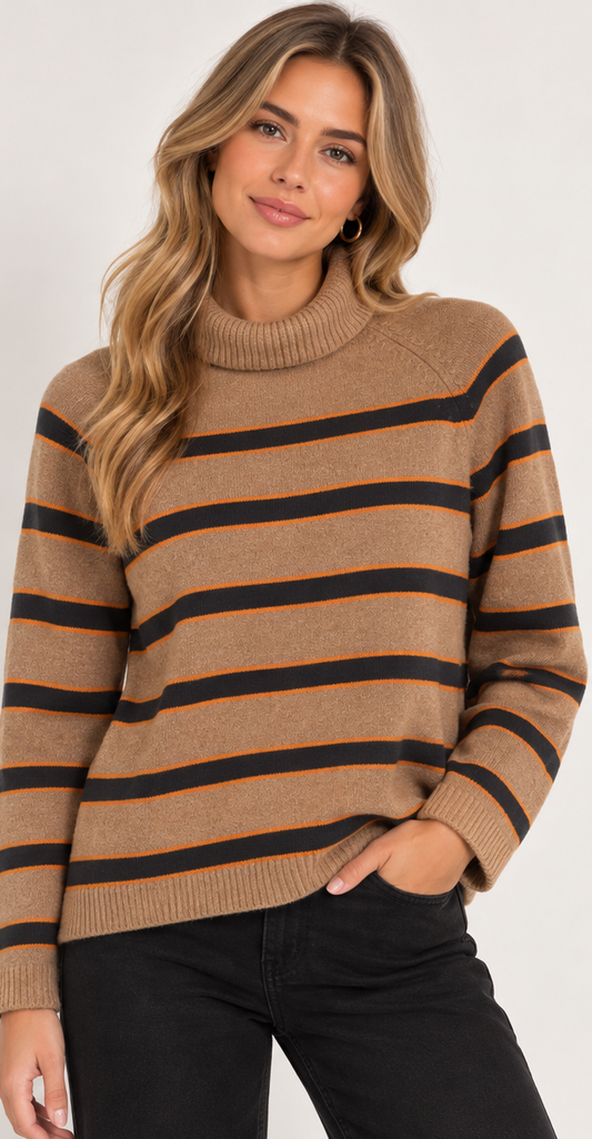 Oui women’s camel and black striped roll neck jumper with long sleeves and ribbed trims.