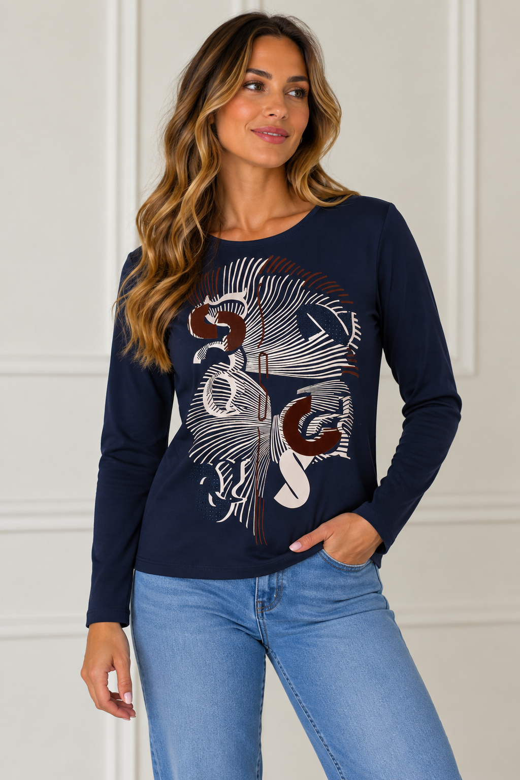 Navy Abstract Print Long Sleeve Top