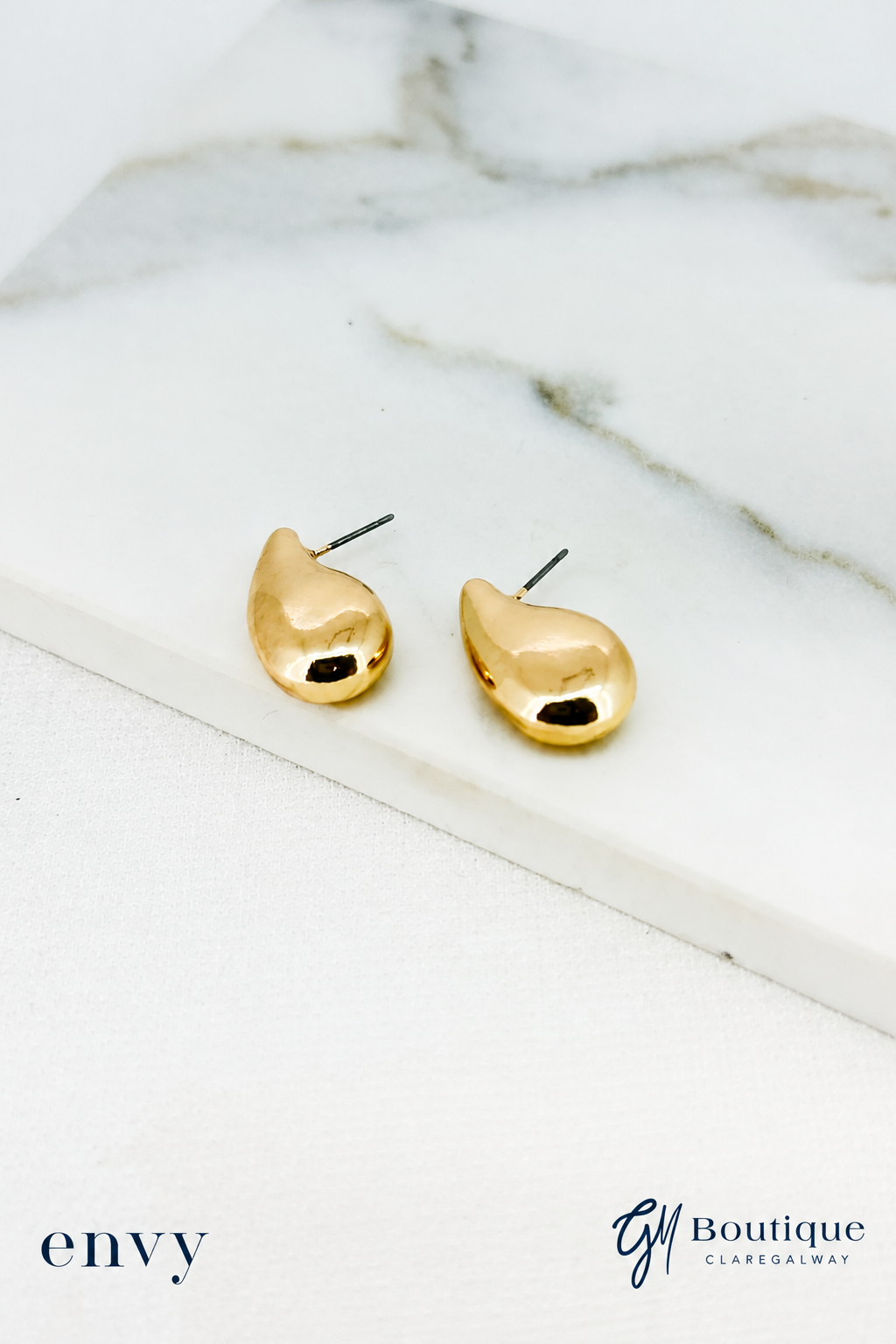 Envy teardrop gold plated earrings by GM Boutique Galway