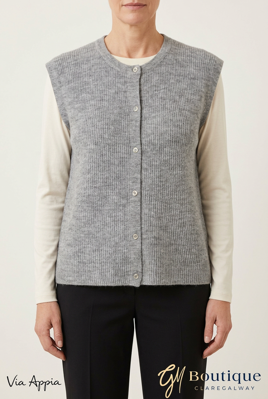 AI styling preview of Via Appia grey knitted waistcoat over a cream top, front view, with both logos