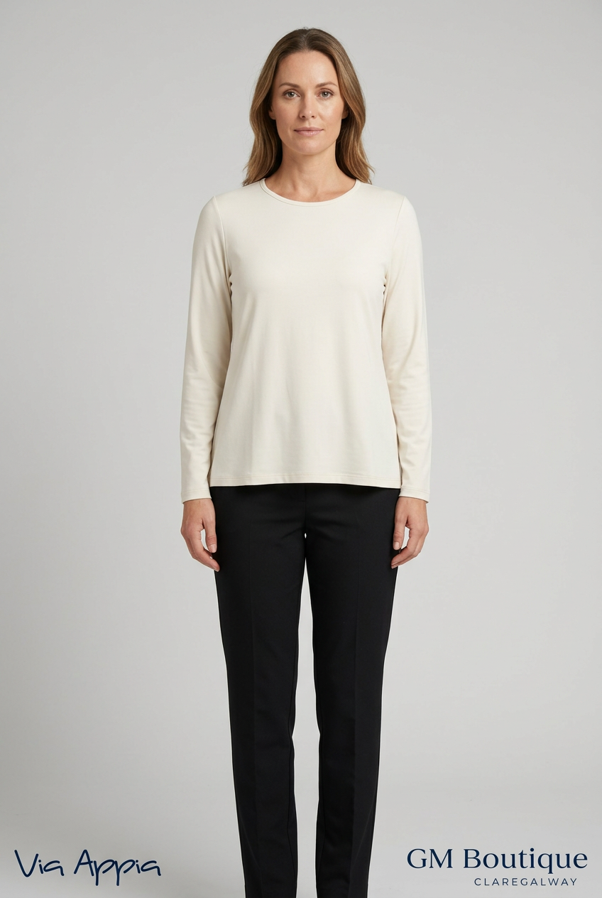 AI styling preview of Via Appia cream long-sleeve top on a model, front view, with both logos
